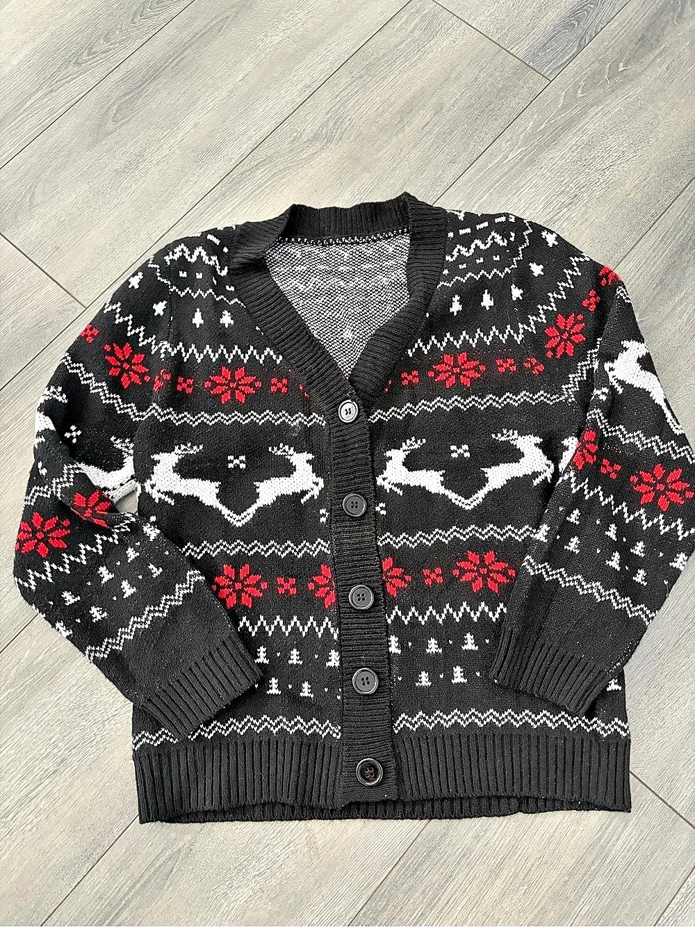 Fair Isle Reindeer Cardigan in Black & Red. Size Medium.